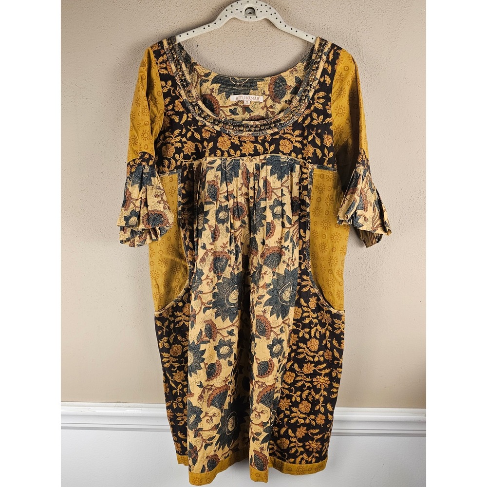 Ritu Kumar Womens Fall Print Patchwork Boho Babydoll Mini Dress Medium